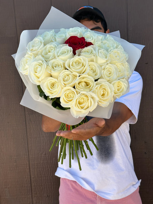 White Rose bouquet with Red Accent Rose